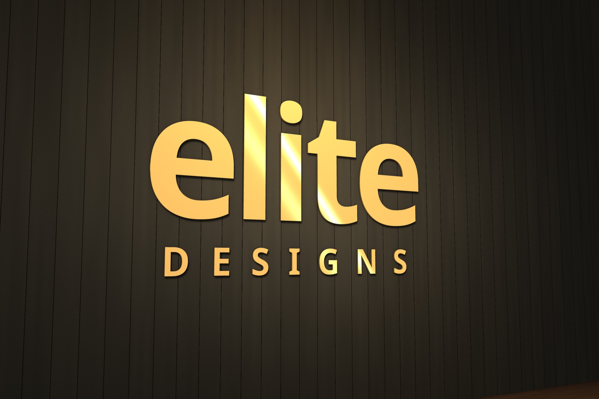 Herufi kubwa za dhahabu za elite DESIGNS kwenye ukuta mweusi wa mapokezi wenye mbao wima, zikimulikwa kutoka juu.